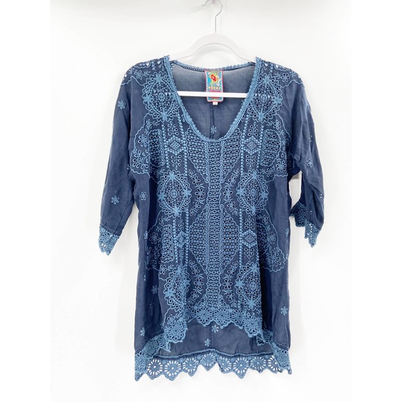 Johnny Was Blue Eyelet Embroidered Scalloped Trim V-Neck Top Size XS - Picture 1 of 5